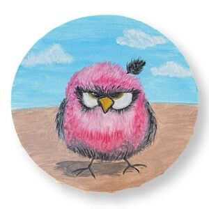Handmade acrylic painting round grumpy bird